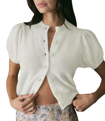 Short Sleeve Cardigan Sweater for Women Cropped Summer Lightweight Button Down y2k Knit Crop Cardigans White M | Amazon (US)