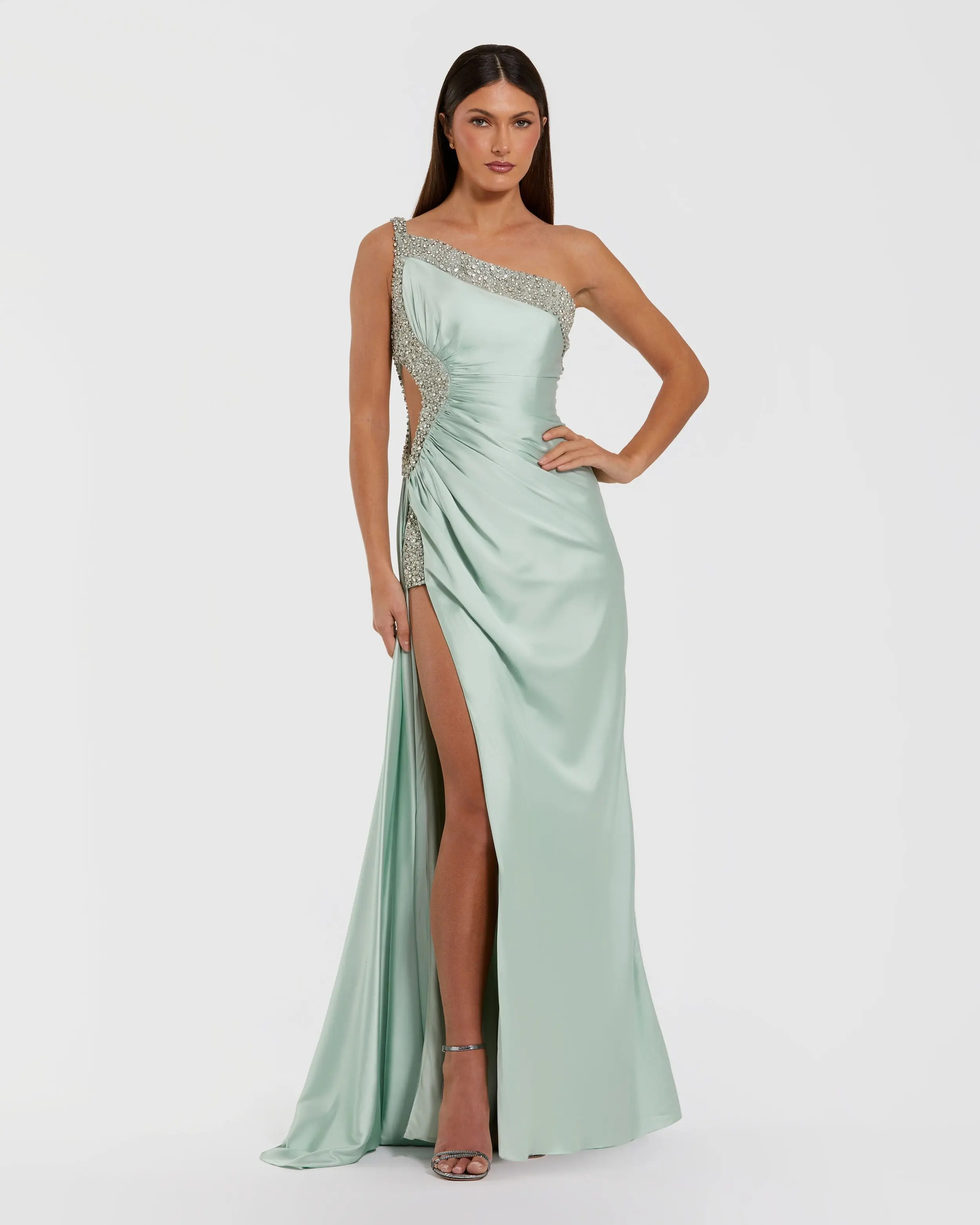 Green One Shoulder Embellished Cut Out Slit Gown | Mac Duggal | Mac Duggal