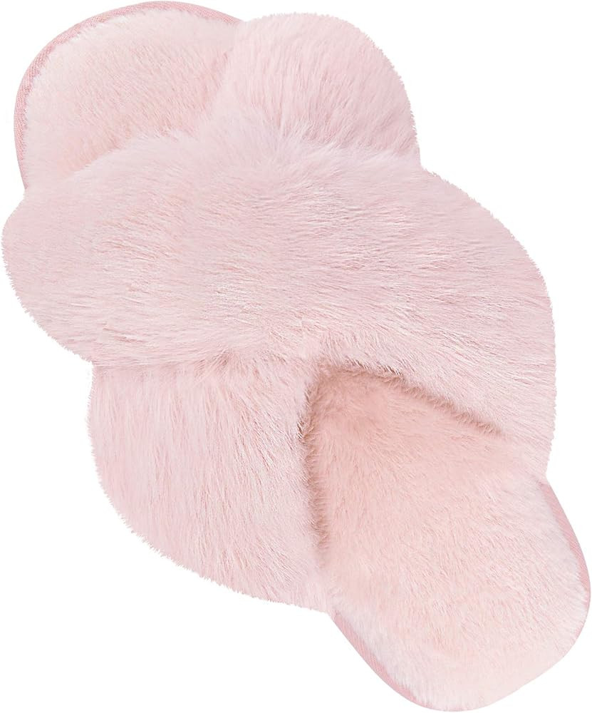 DOIOWN Women's Fuzzy Slippers Cross Band Fluffy Slippers Faux Fur Slippers Plush House Open Toe C... | Amazon (US)