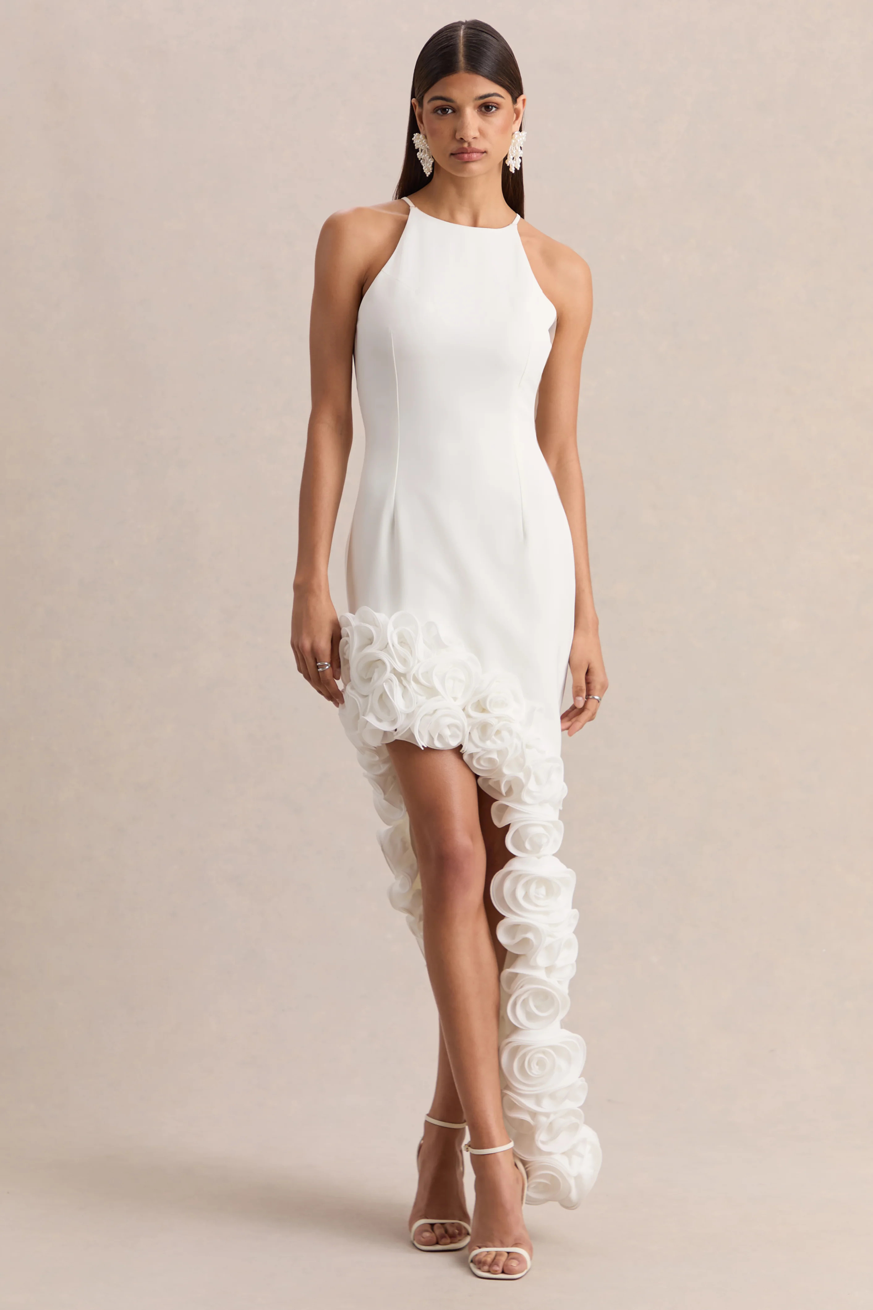 Indira | White Halter-Neck Maxi Dress With Asymmetric-Floral Hem | Club L London
