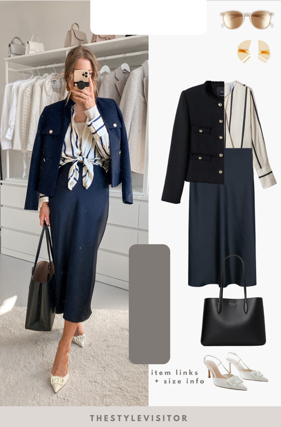 Classic navy satin midi skirt work outfit. I’ve linked dupes for the blouse and tweed jacket, couldn’t find navy versions so they’re both black. Yet I think it mixes in nicely with the navy. Skirt is tts (wearing xxs). Read the size guide/size reviews to pick the right size.

Leave a 🖤 to favorite this post and come back later to shop

#striped blouse #workwear 

#LTKstyletip #LTKSeasonal #LTKworkwear