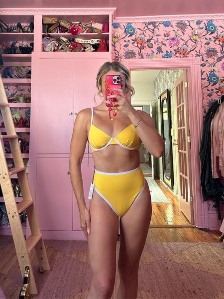Target - Shade & Shore Underwire Contrast Band Bikini Top and High Waist High Leg Cheeky Contrast Band Bikini Bottom in Yellow - wearing size 34B in top and XS in bottom

#LTKSaleAlert #LTKSeasonal #LTKSwim