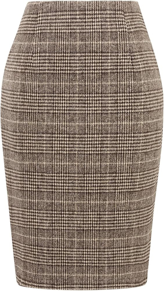 IDEALSANXUN Plaid Skirts for Women Fall Winter Knee Length Pencil Wool Skirt with Slit | Amazon (US)