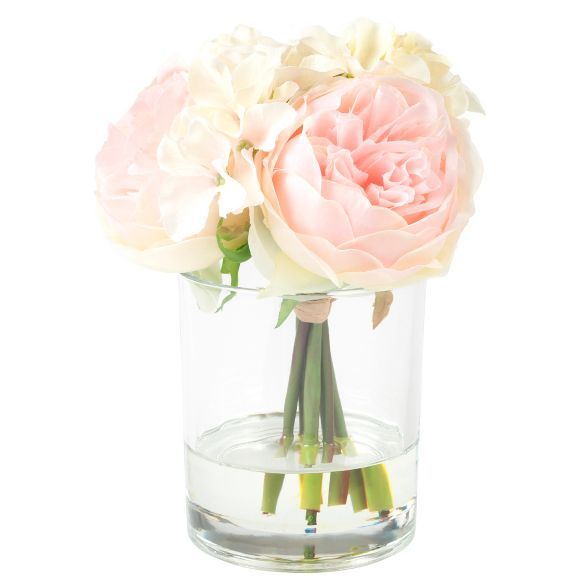 Nature Spring Rose and Hydrangea Floral Arrangement - 6 Artificial Flowers in Decorative Clear Gl... | Target