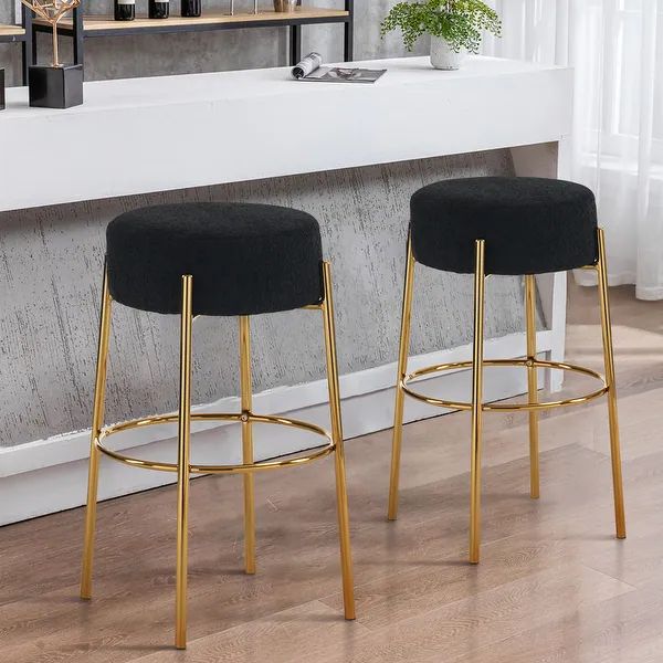 2PCS Contemporary Style Upholstered Round Bar Stools with Footrest - Black+Gold | Bed Bath & Beyond