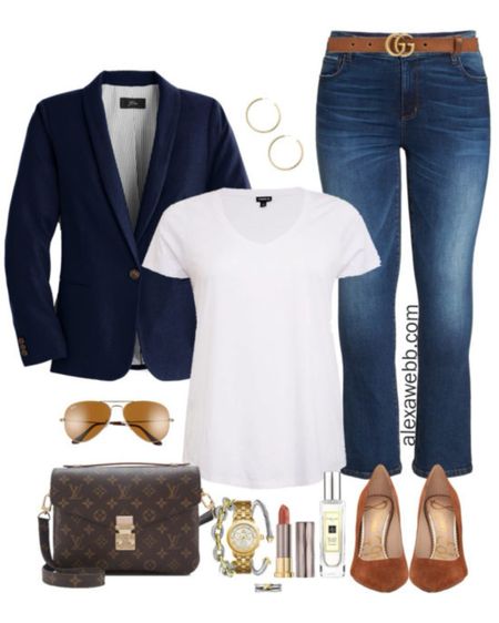 Plus Size Navy Blazer Outfit - Plus Size Casual Outfit with Bootcut Jeans, White T-Shirt, LV Crossbody and Suede Pumps - Alexa Webb

#LTKitbag #LTKplussize #LTKstyletip