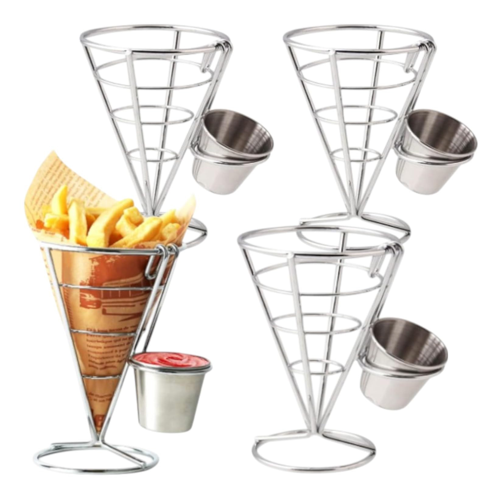 CNQLIS 4 Pack French Fry Holder, French Cone Fries Basket with Sauce Cup, Metal Wire French Fries... | Amazon (US)