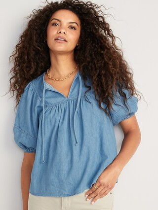 Oversized Chambray Puff-Sleeve Tie-Neck Top for Women | Old Navy (US)