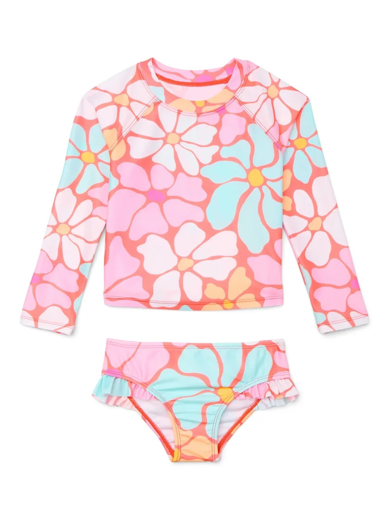 Wonder Nation Baby and Toddler Girls Long Sleeve Swim Rashguard Bottom Set, 2-Pcs, Multicolor - W... | Walmart (US)