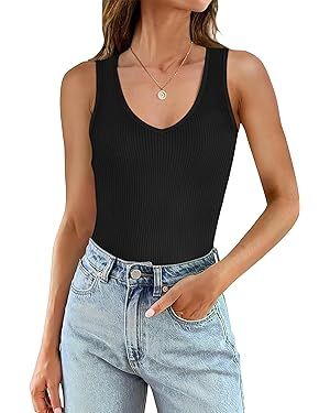 WIHOLL Womens Ribbed Tank Tops 2024 Summer V Neck Slim Fitted Tops Casual Basic Knit Sleeveless S... | Amazon (US)