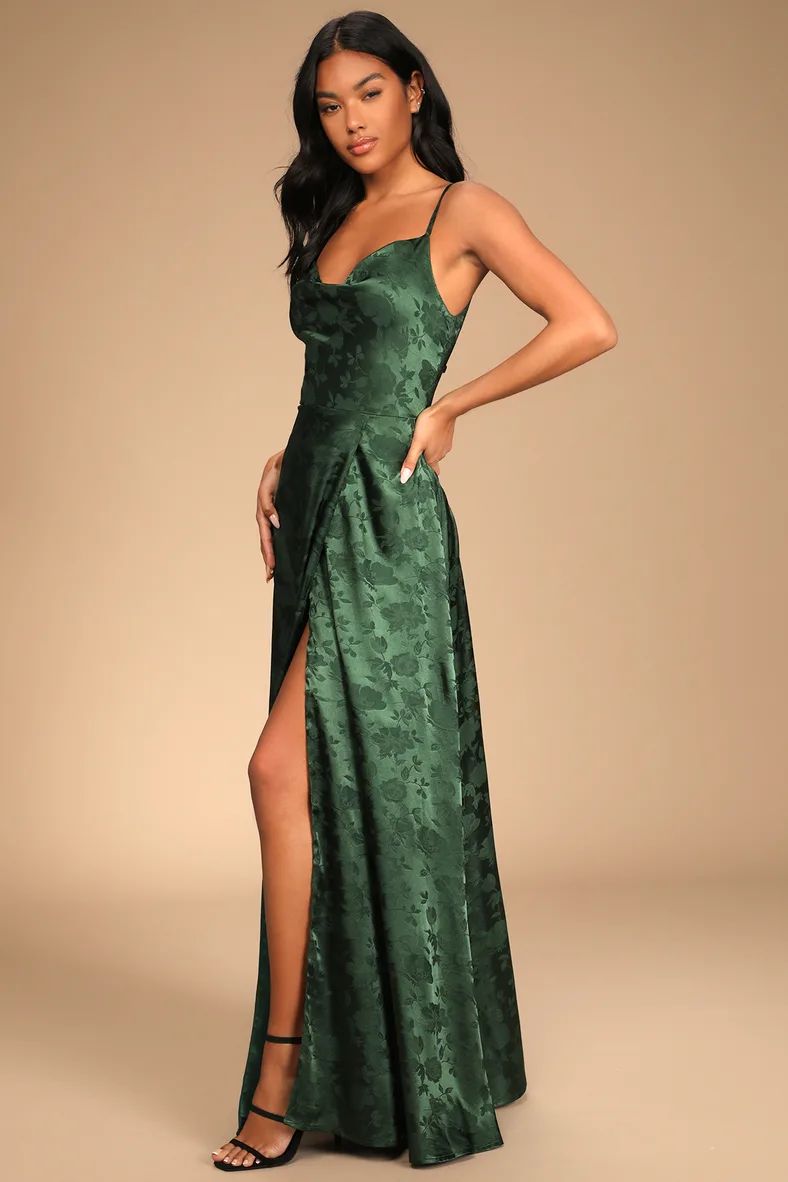 Simply Dreamy Emerald Green Satin Floral Jacquard Maxi Dress | Lulus