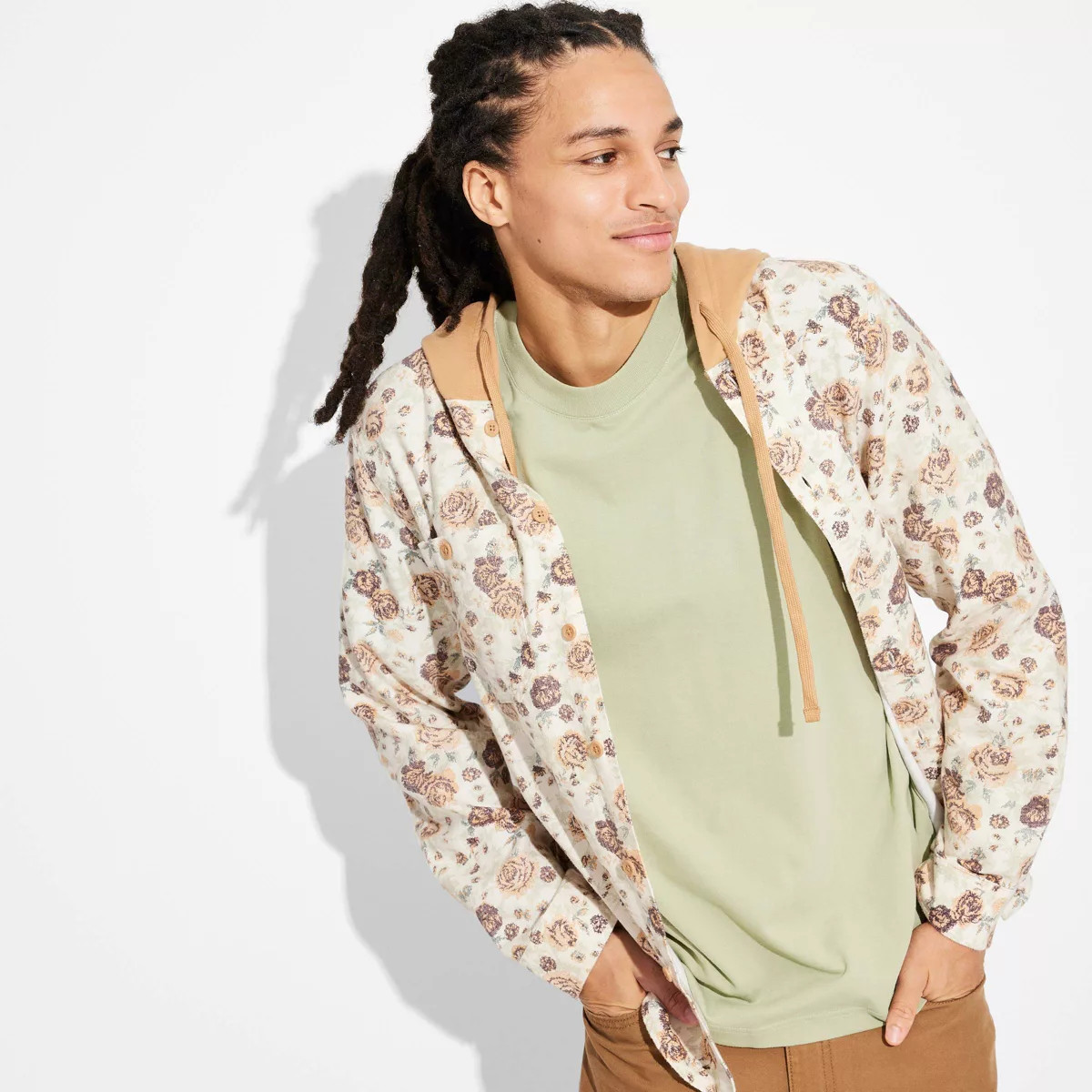 Men's Hooded Long Sleeve Button-Down Shirt - Original Use™ Khaki Floral Print XL | Target