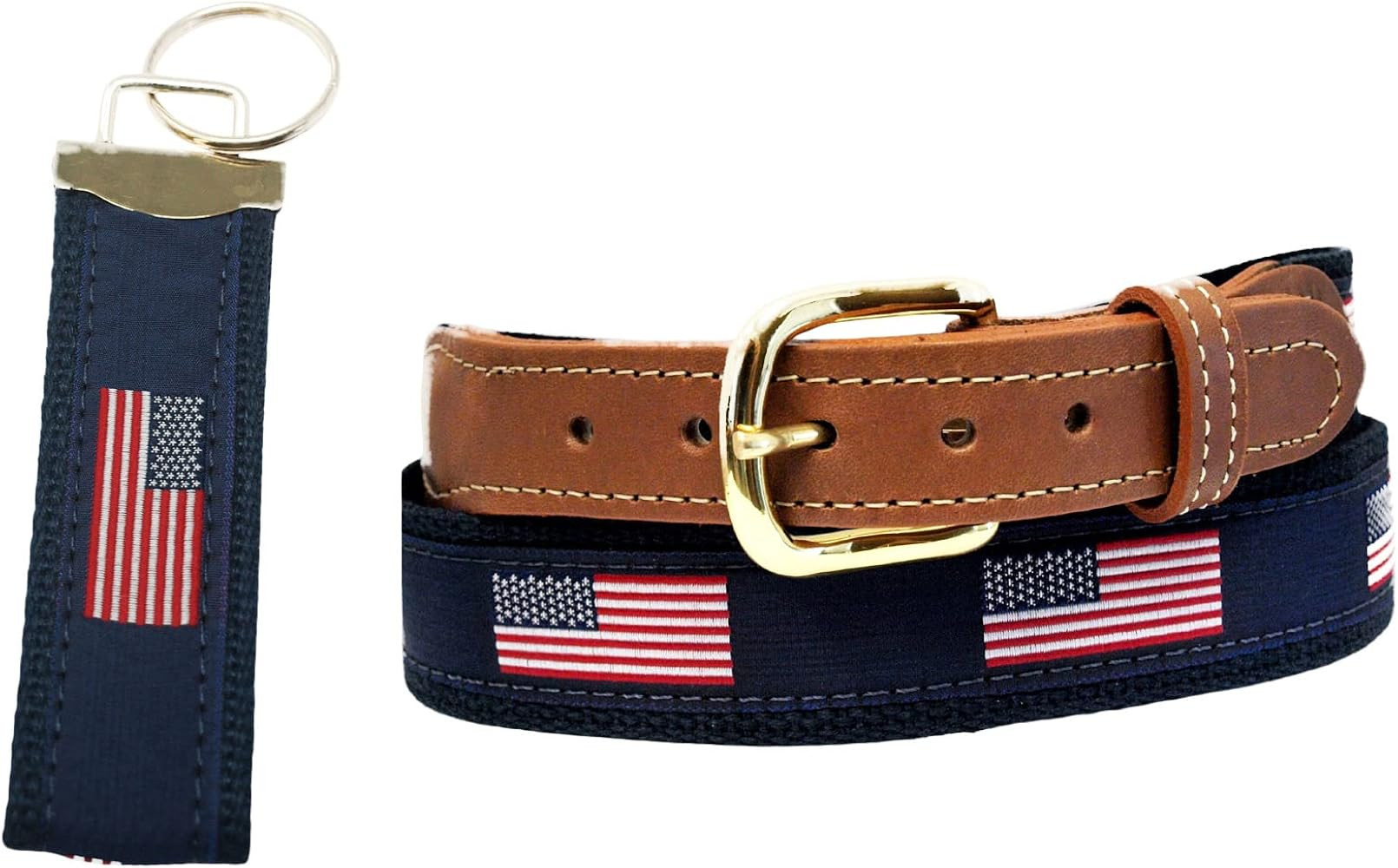 AQUALARM American Flag Belt on Navy Webbing, Leather Tips, with American Flag Key Chain | Amazon (US)