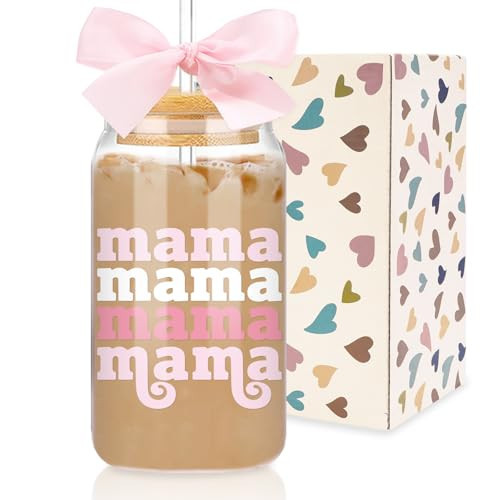 Whaline Mama Drinking Glasses with Gift Box 16oz Pink Mothers Day Glasses Cup Pink Bow Ice Coffee Cup with Lid Straw for Cocktail Beer Soda, Gift for Mom | Amazon (US)