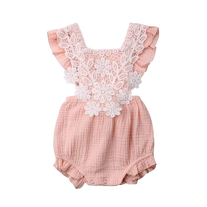 Newborn Baby Girl Romper Summer Sleeveless Backless Ruffle Lace Bodysuit Outfits Clothes White | Amazon (US)