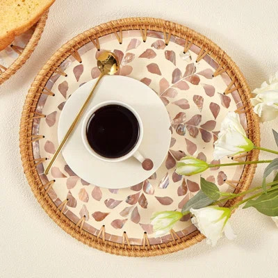 Round Rattan Tray With Mother Of Pearl Inlay, Rattan Serving Tray With Wooden Base, Decorative Wicker Basket For Table Decor, Storage And Display Of C | Wayfair North America