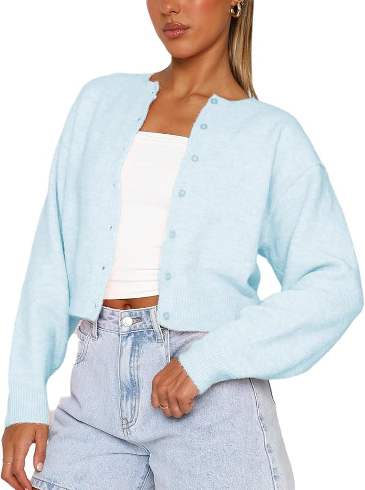 Women Y2K Button Front Crop Sweater Cardigan Solid Color Crew Neck Long Sleeve Knit Fall Tops Str... | Amazon (US)