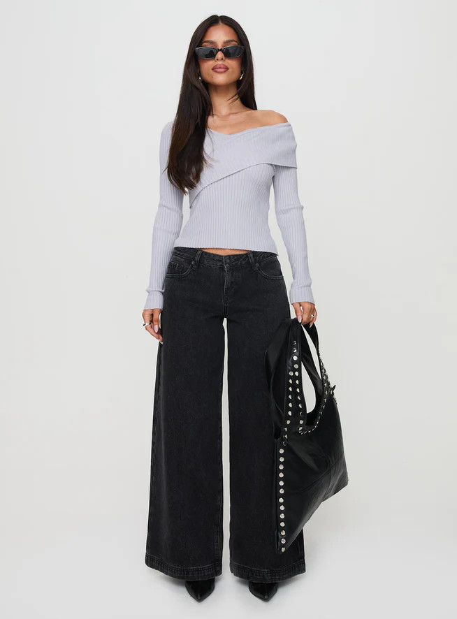 Ribbon Stamp Wide Leg Jeans Washed Black | Princess Polly US