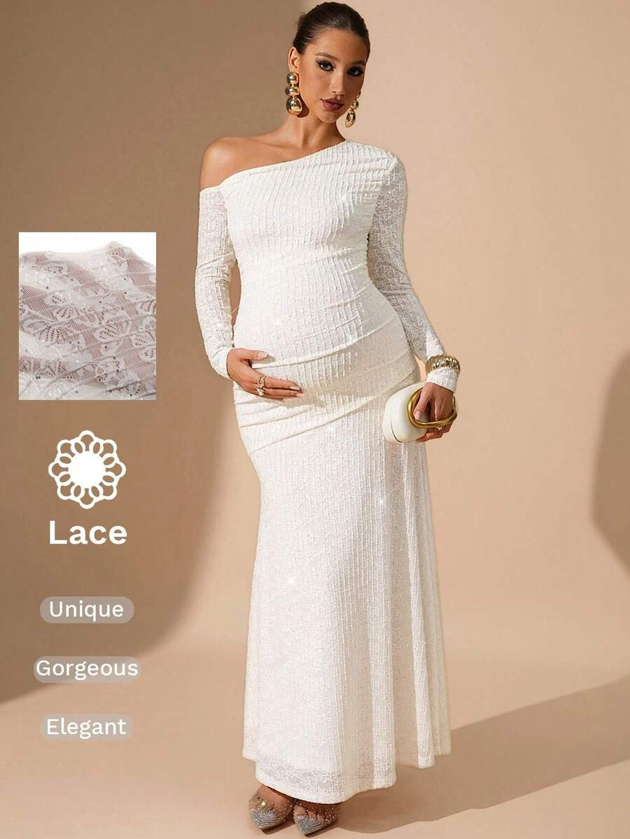 MaterniChic Maternity Oblique Shoulder Long Sleeve Ruched Fitted Elegant Dress | SHEIN