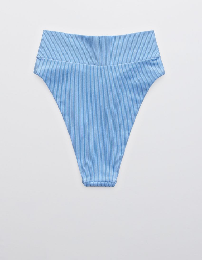 Aerie Ribbed Shine Crossover High Cut Cheeky Bikini Bottom | American Eagle Outfitters (US & CA)