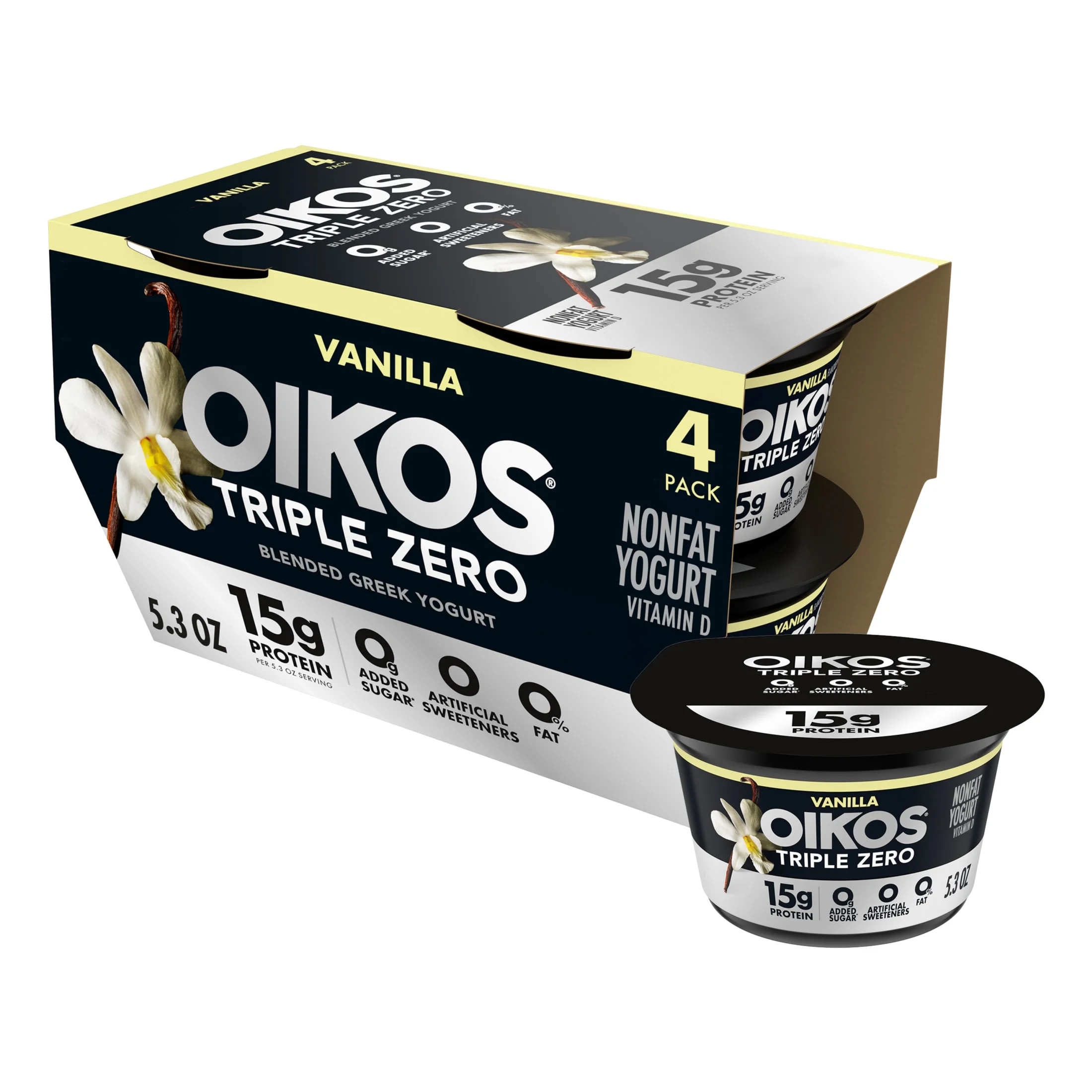 Oikos Triple Zero 15g Protein, 0g Added Sugar, Fat Free Vanilla Greek Yogurt Cups, 5.3 oz, 4 Coun... | Walmart (US)
