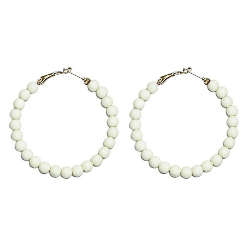 Bohemian Beaded Hoop Earrings for Women Circle Round Bead Earrings Dangle Earrings for Girls(creamy-white) | Amazon (US)