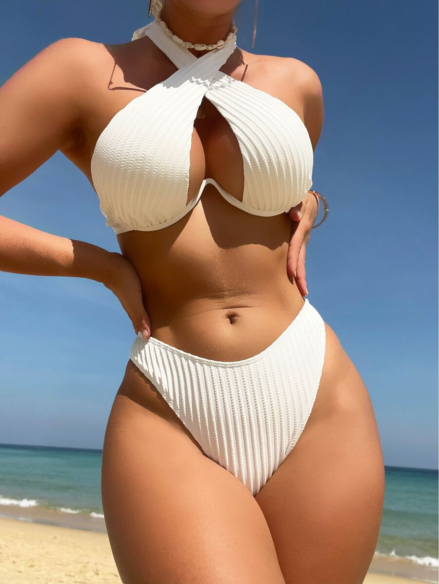 Textured Bikini Set Criss Cross Halter Underwire Bra & High Cut Bottom 2 Piece Bathing Suit | SHEIN