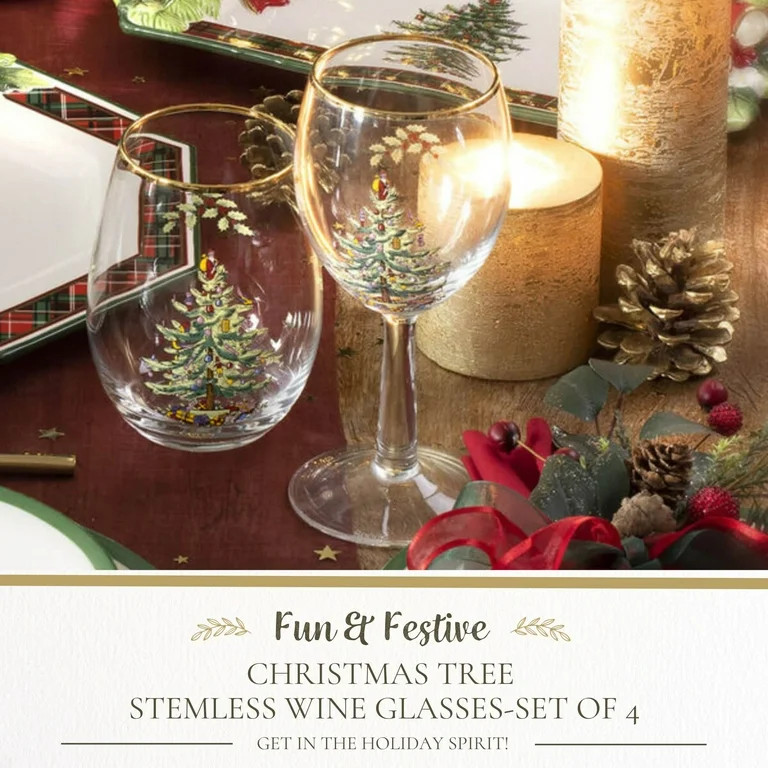 Spode Christmas Tree 19oz Stemless Wine Glasses, Set of 4 - Vintage-Inspired Holiday Drinkware wi... | Walmart (US)