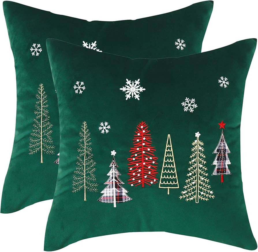 Tosleo Christmas Embroidery Throw Pillow Covers 18x18 inch Set of 2 Christmas Dec Velvet Pillowca... | Amazon (US)