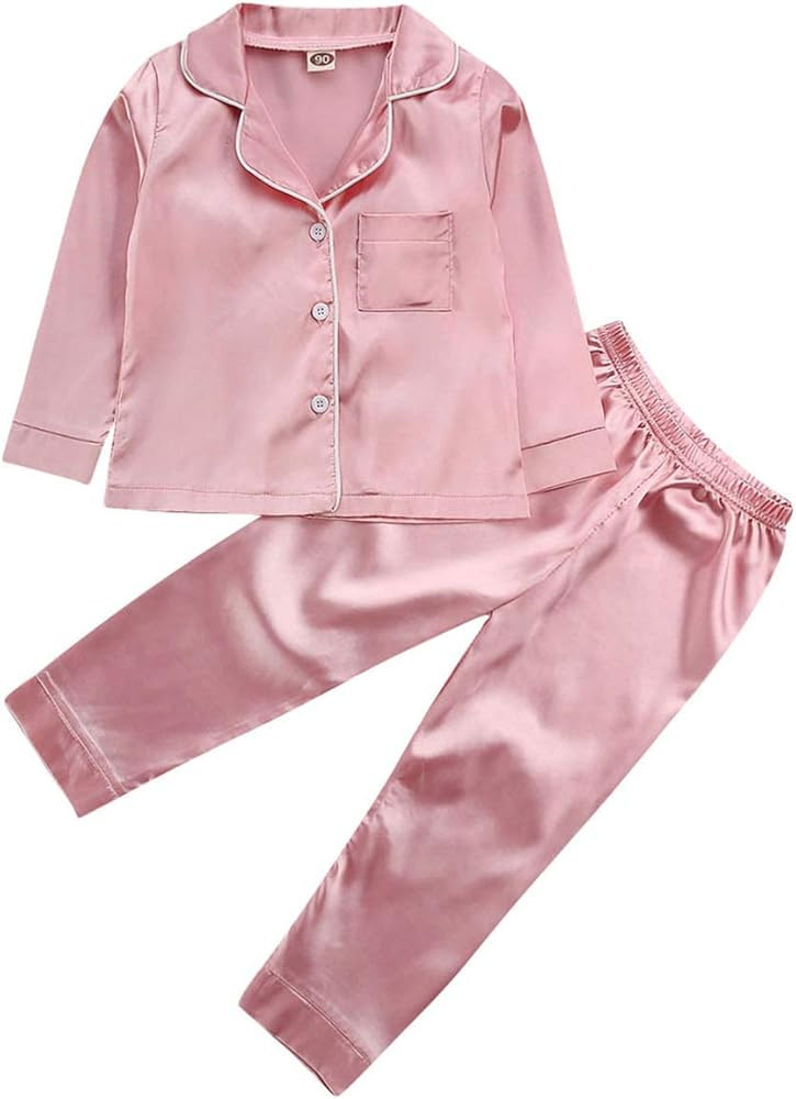 Amazon.com: Qiylii Toddler Baby Kids Satin Pajamas Set, Long Sleeve Button-Down Sleepwear PJs for... | Amazon (US)
