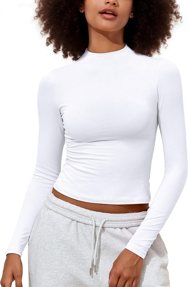 PrettyGuide Women's Cotton Long Sleeve Shirts Mock Neck Basic Tee Tight Fitted Fall Y2K Crop Top ... | Amazon (US)