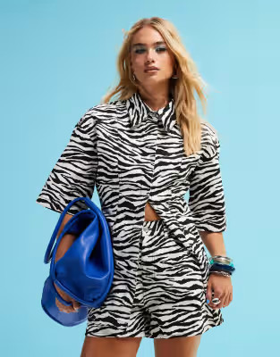 ASOS DESIGN denim short sleeve top with cinch waist in zebra print - part of a set | ASOS (Global)