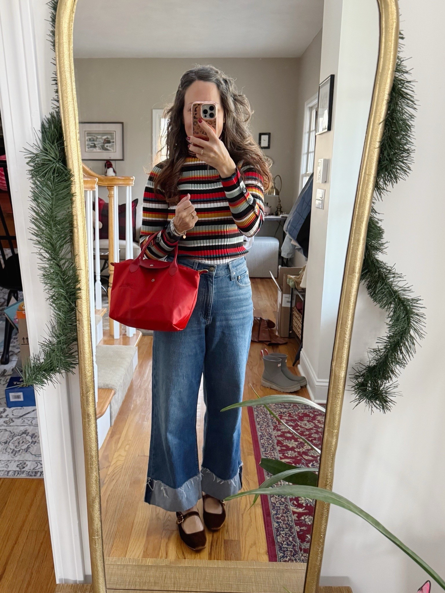 A favorite holiday style from the past. Colorful turtleneck, cuffed wide legs jeans and velvet Mary Jane flats. My red small Longchamp bag goes from Christmas to Valentines. A great gift idea!

#LTKSeasonal #LTKHoliday #LTKootd