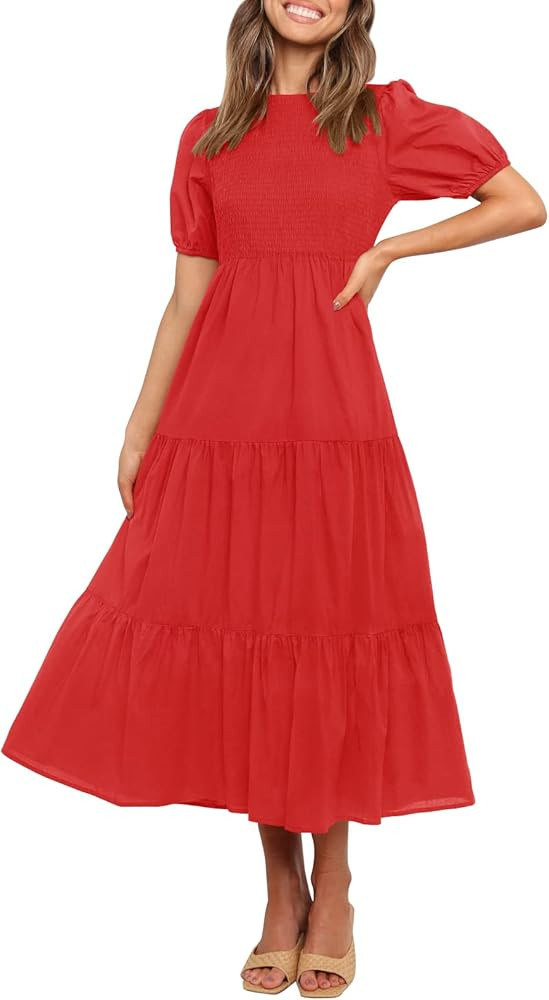 ZESICA Women's 2023 Casual Summer Crew Neck Short Puff Sleeve Smocked High Waist Ruffle Tiered A Lin | Amazon (US)