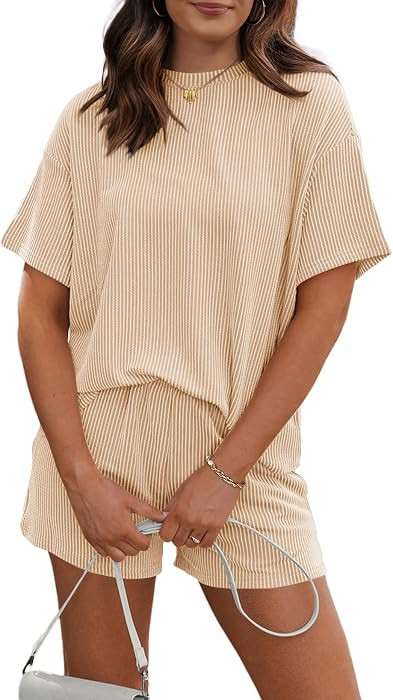 RUBZOOF Women's 2 Piece Sets Short Sleeve Outfits Ribbed Textured Knit Lounge Shorts Set Oversize... | Amazon (US)