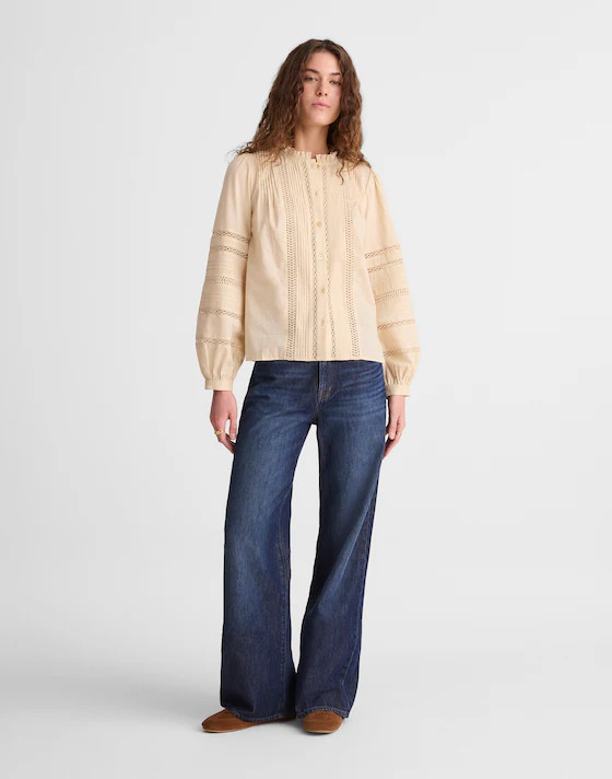 Lace-Insert High-Neck Pintuck Top | Madewell