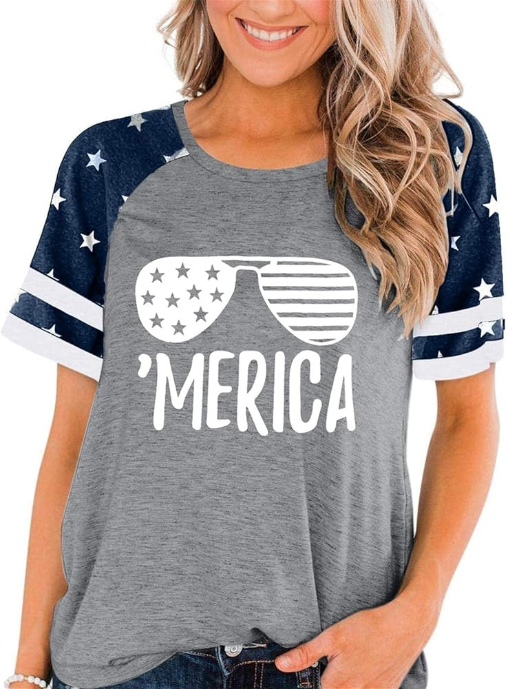 FASHGL American Flag T Shirt Women Stars Stripes Patriotic Shirts 8th of July Raglan Short Sleeve To | Amazon (US)