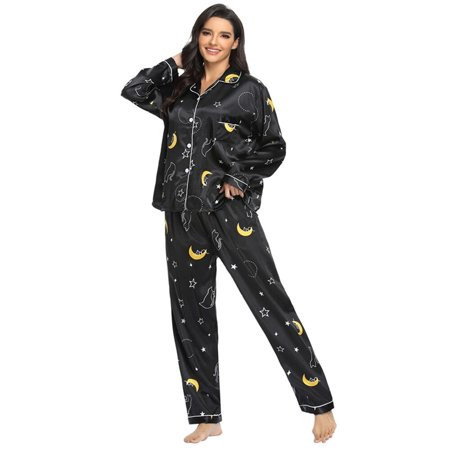 UP TO 15% OFF! Womens Silk Satin Pajamas Loungewear Two-piece Sleepwear Button-Down Pj Set Black XL | Walmart (US)
