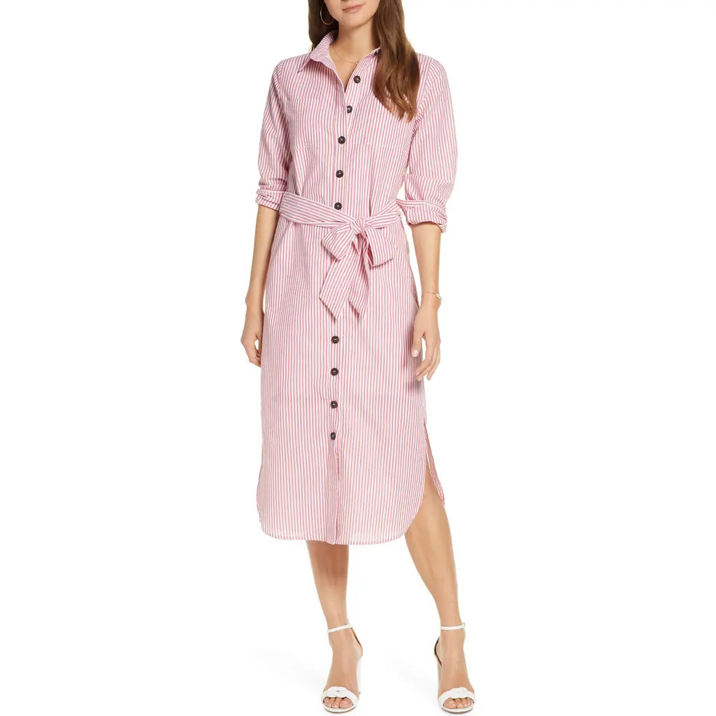 1901 Stripe Belted Shirtdress in Red- White at Nordstrom, Size Large | Nordstrom