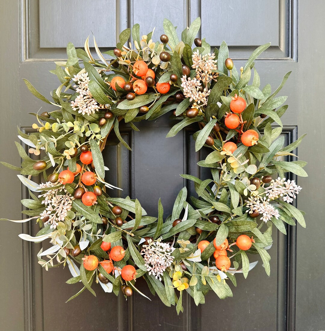 Fall Olive Branch and Orange Rosehip Berry Wreath Modern - Etsy | Etsy (US)