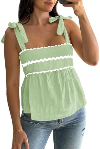 Tankaneo Womens Cute Tank Tops Summer Casual Peplum Babydoll Square Neck Tie Strap Backless Shirt... | Amazon (US)