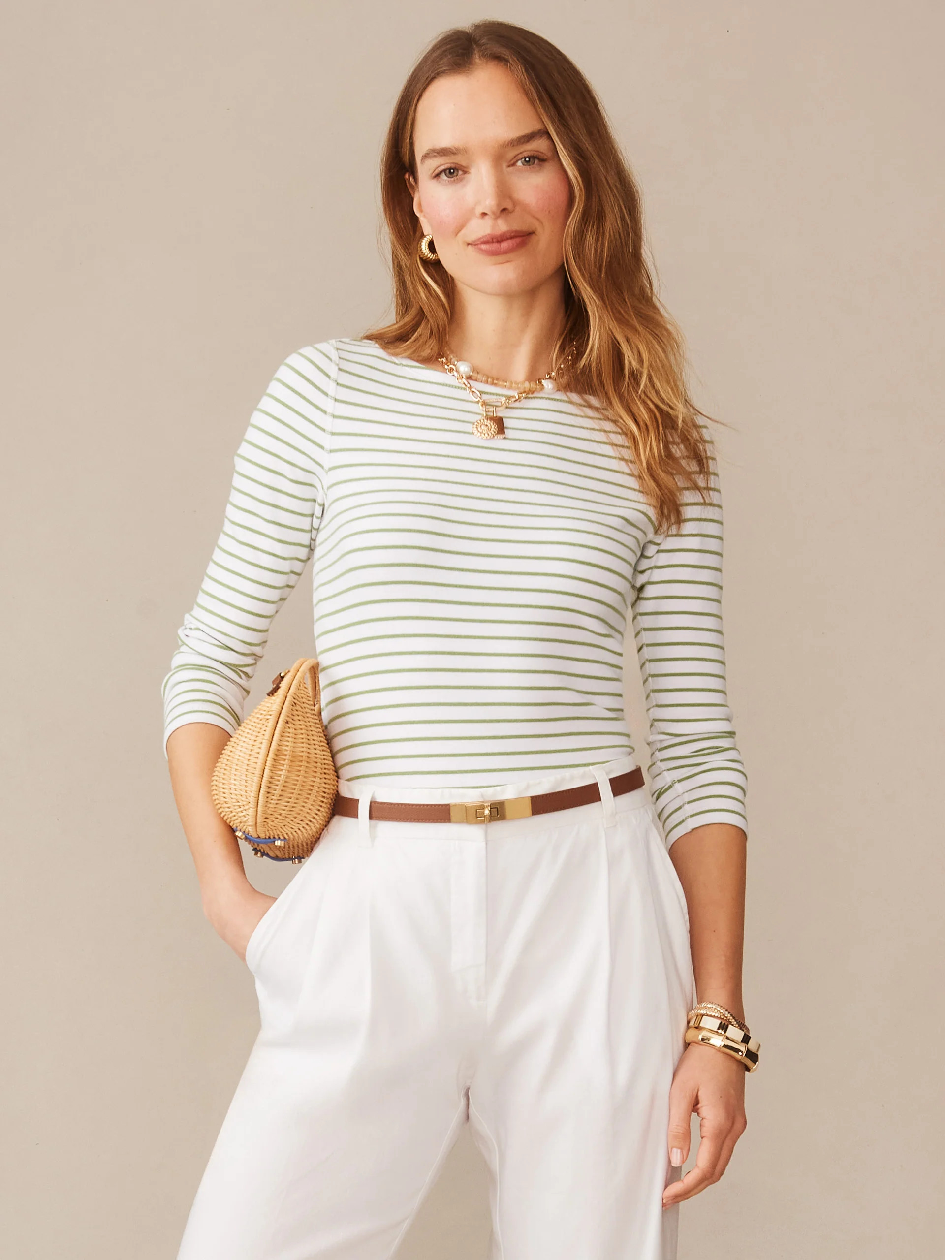 White/Green Stripe Goldie Tee | Women's Tops | J.McLaughlin | J.McLaughlin
