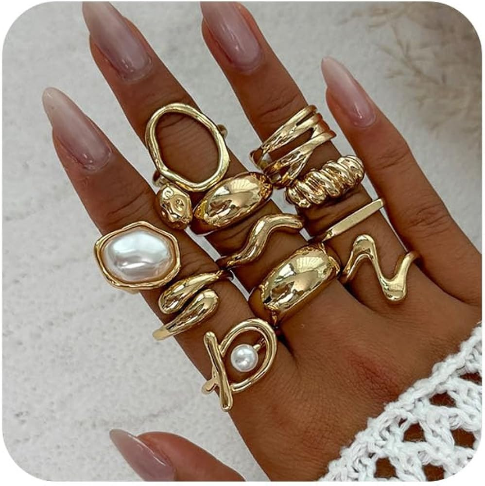 Chunky Gold Rings for Women Gold Baroque Pearl Rings Open Adjustable Pearl Ring Stacking Knuckles... | Amazon (US)