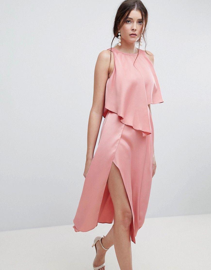 ASOS DESIGN crop top thigh split satin midi dress - Pink | ASOS US