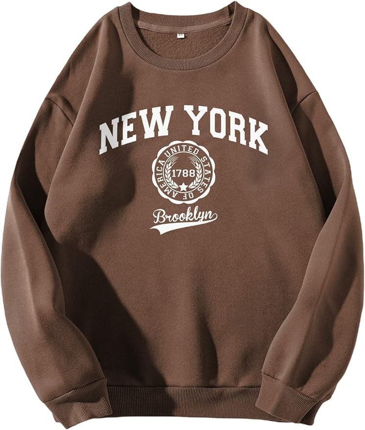 SheIn Women's Casual Long Sleeve Round Neck Slogan Graphic Pullover Sweatshirt Coffee Brown XL at... | Amazon (US)