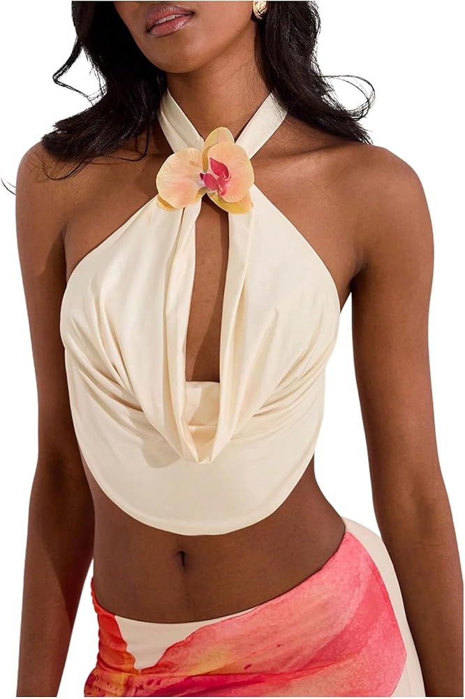 MakeMeChic Women's Draped Neck Halter Top 3D Floral Backless Sleeveless Summer Beach Vacation Cro... | Amazon (US)
