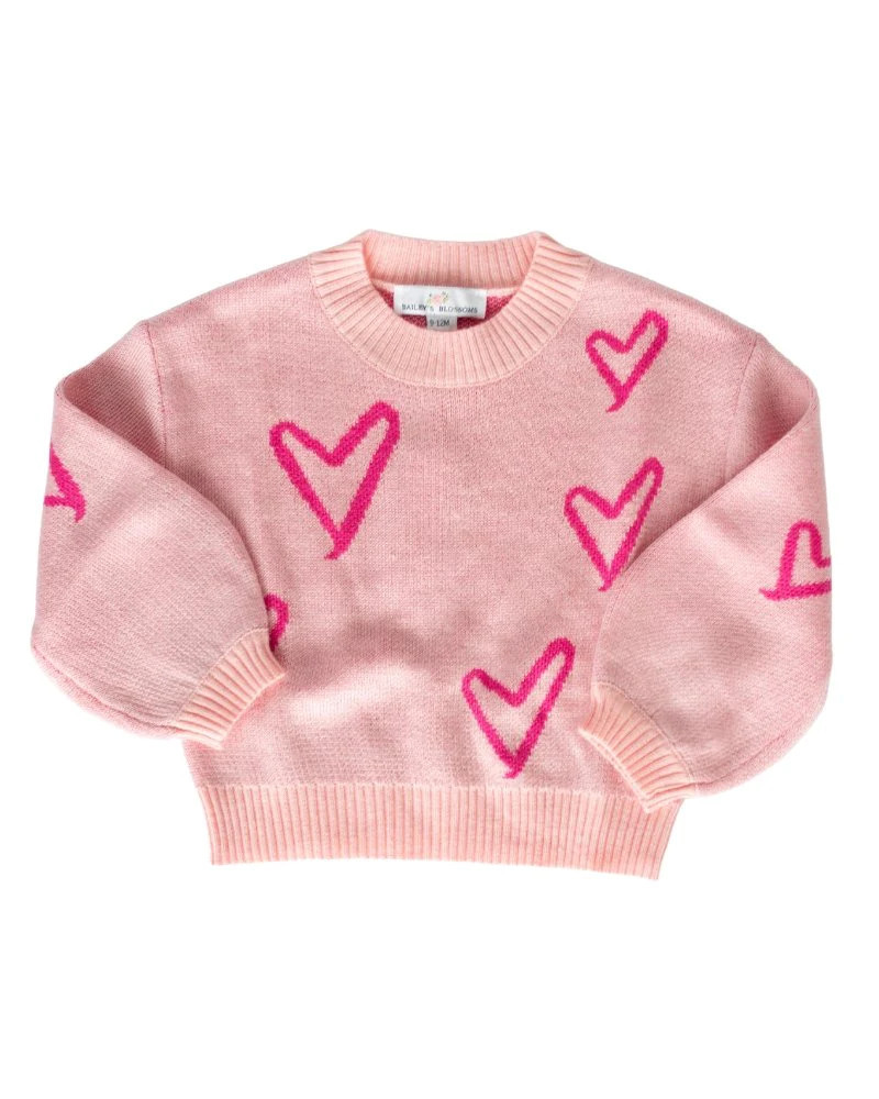 Crawford Bubble Sleeve Sweater - Pink Hearts | Bailey's Blossoms