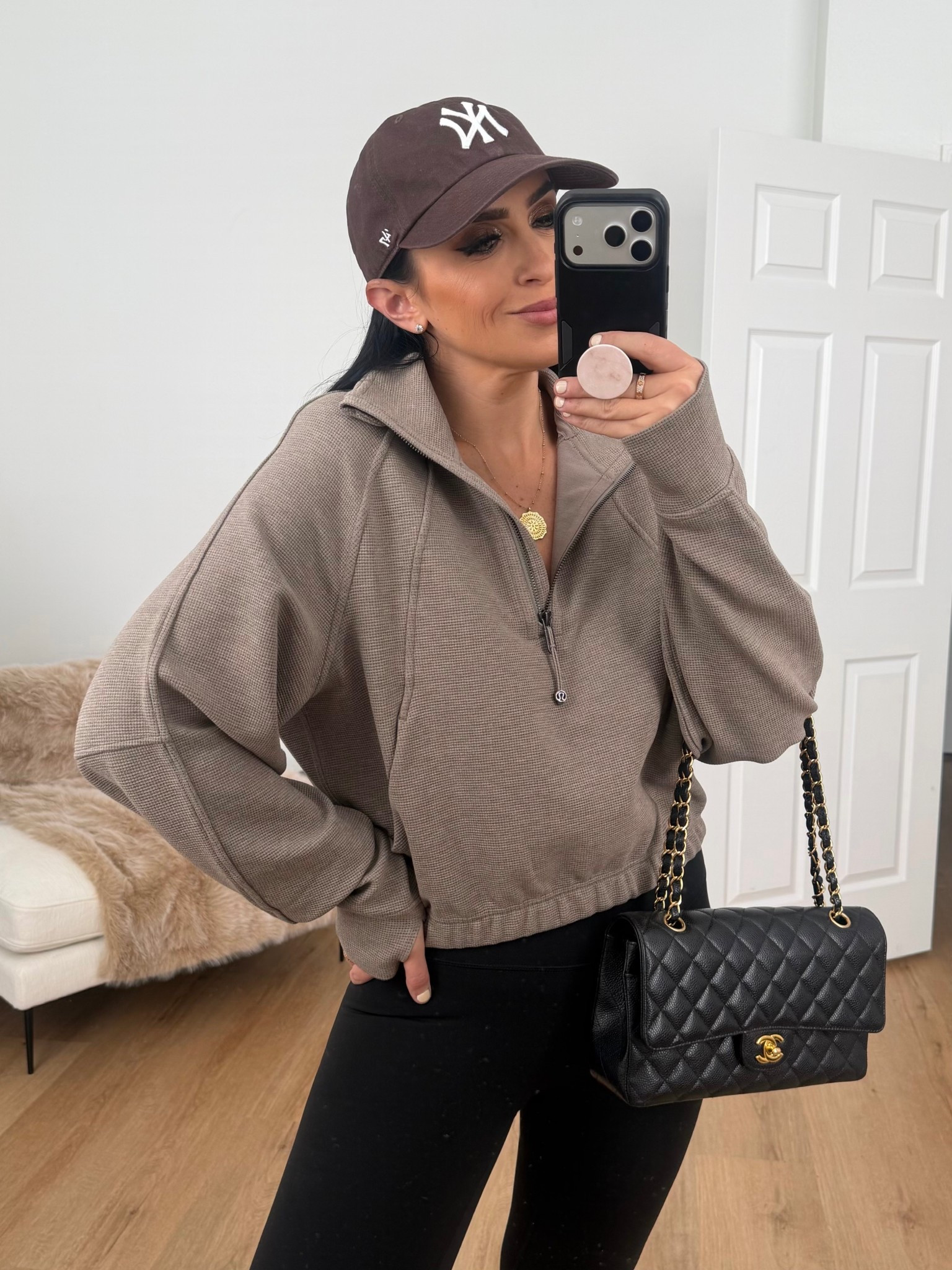 Lululemon scuba cropped funnel neck half zip waffle in warm ash grey wearing size medium 