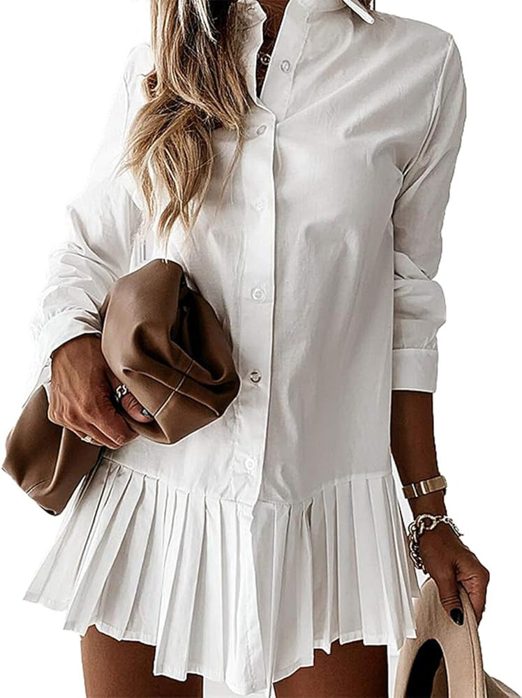 Sexy Mini Shirt Dress for Women Casual Button Down Blouse Long Sleeve V Neck Pleated Shirts Blous... | Amazon (US)
