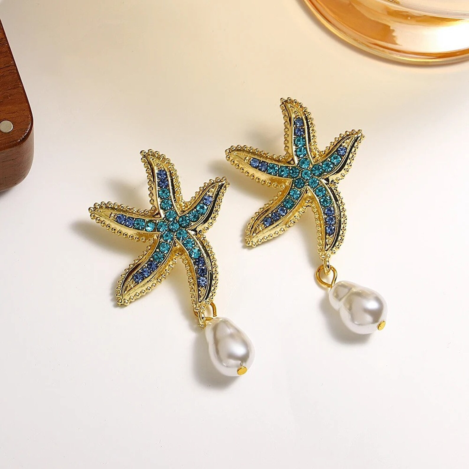 Funky Starfish Earrings • Gold and Enamel Starfish Drop Earrings • Gift for Her • Pearl Blu... | Etsy (US)